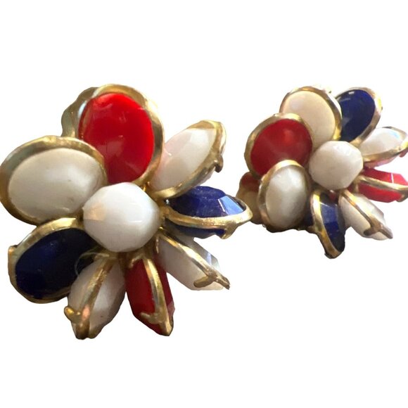 Vintage Red White Blue Clip on Earrings Gold Tone Made Hong Kong Patriotic - Picture 5 of 6